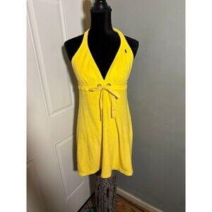Vintage Ralph Lauren Yellow Terry Halter Mini Dress Large Beach Summer Cover Up